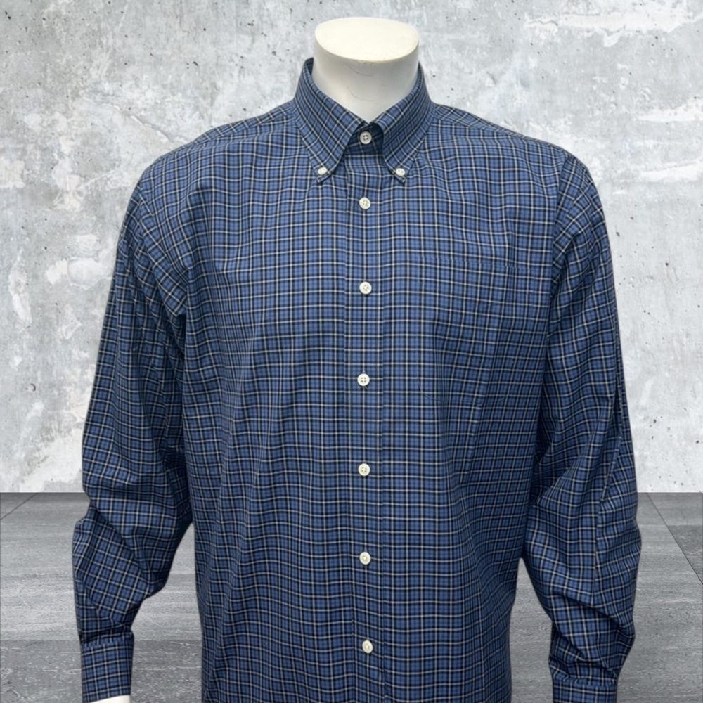 LL Bean Blue White Check Wrinkle & Stain Resistant Button-Down Men's Shirt Large